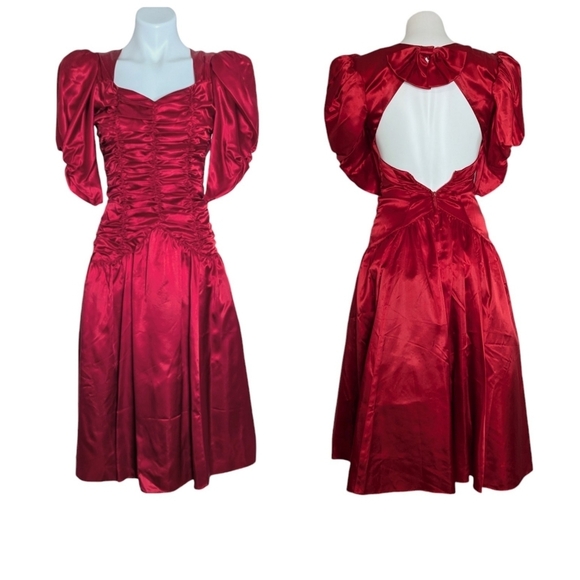 VTG Gunne Sax Red Puff Sleeve Ruched Bodice Open Back Bow Formal Party Dress - Picture 1 of 9